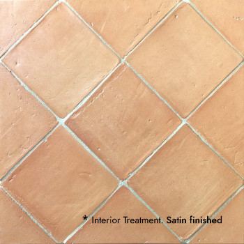 Terracotta tiles arranged in a diamond pattern, showcasing a satin finish. Text reads: `*Interior Treatment. Satin finished.`