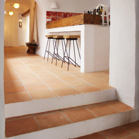 Azulejos de terracota cubren el suelo y conducen a una cocina con encimera de madera y taburetes, en un espacio cálidamente ilum