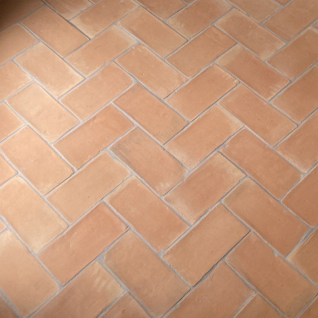 Les carreaux de terre cuite sont disposés selon un motif à chevrons, créant un sol rustique dans un cadre intérieur chaleureux.