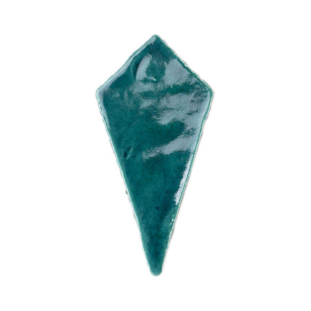 A glossy, teal, kite-shaped terracotta tile lies flat against a plain white background.
