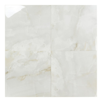 Eine glänzende, quadratische Fliese weist ein wolkiges, weißes, marmorartiges Muster auf, das in einem minimalistischen Designko