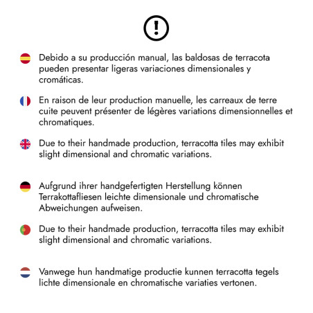 Icône de point d'exclamation au-dessus d'un texte multilingue avertissant de légères variations dimensionnelles et chromatiques 