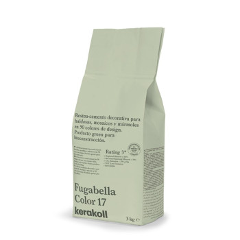Zak met decoratief hars-cement, rechtopstaand. De tekst bevat: `Fugabella Color 17, kerakoll, 3 kg`. Geschikt voor tegels, mozaï