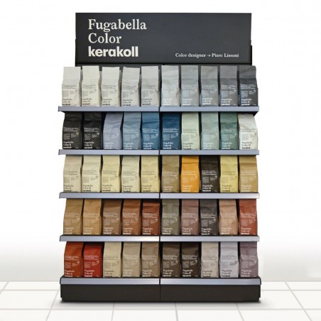 As prateleiras exibem vários sacos coloridos de cimento-resina, bem organizados por tonalidades. Texto: `Fugabella Color kerakol