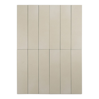 Rechthoekige beige tegel, verticaal georiënteerd, heeft een gladde, matte afwerking tegen een effen witte achtergrond. Er is gee