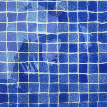 Blue square tiles create a wavy, reflective pattern, suggesting water movement over a tiled pool or bath surface.