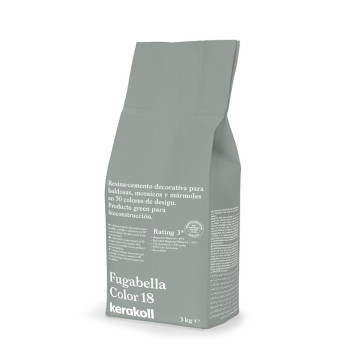 Een groene zak met het opschrift `Fugabella Color 18` bevat decoratief harscement voor tegels. De tekst benadrukt de voordelen v