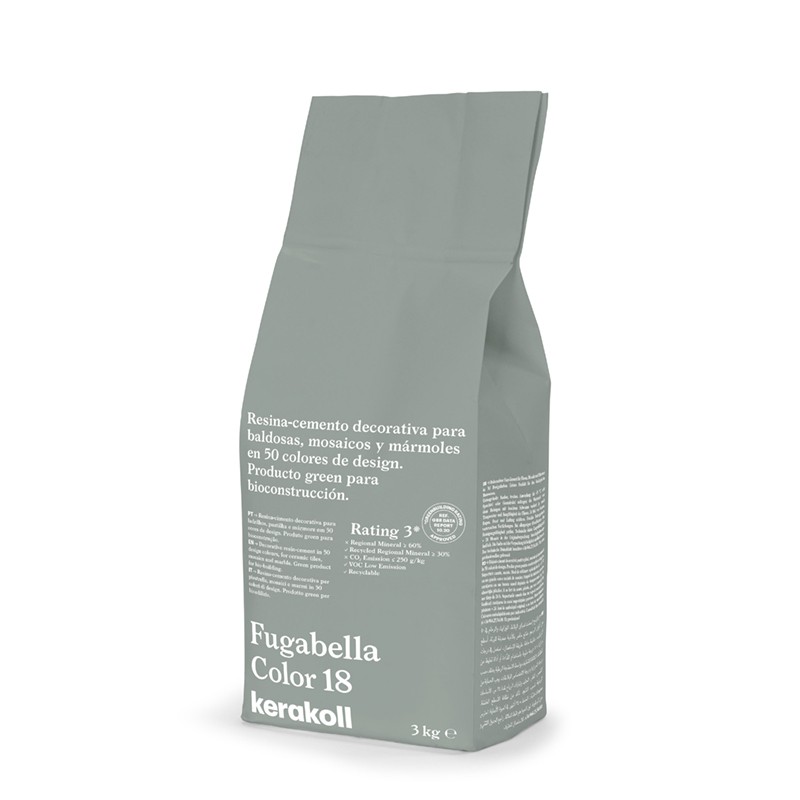 Um saco verde com o rótulo `Fugabella Color 18` contém cimento resinoso decorativo para azulejos. O texto destaca os benefícios 