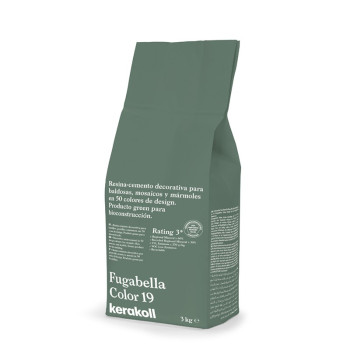Een groene zak met het opschrift `Fugabella Color 19, Kerakoll` bevat harscement voor tegels, mozaïeken en marmer. Bevat 3kg.