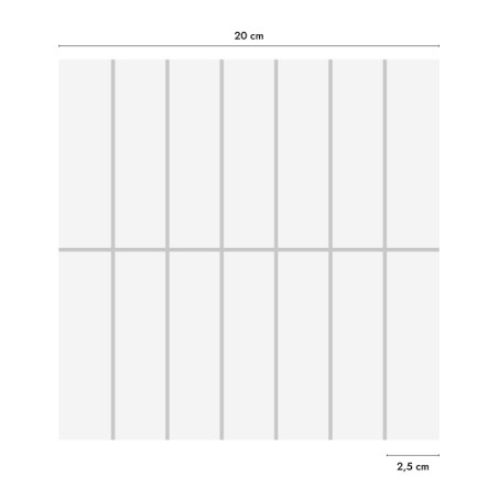 Ladrilho quadrado branco com uma grade de nove retângulos contornados com finas linhas cinza, medindo 20 cm por 2,5 cm.