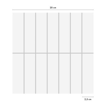 Een wit tegelraster toont verticale en horizontale lijnen. De aangegeven afmetingen zijn 20 cm en 2,5 cm, wat meetpunten suggere