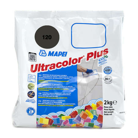 Bolsa que muestra `MAPEI Ultracolor Plus`, con azulejos, cuadrados coloridos y el texto `2 kg`.