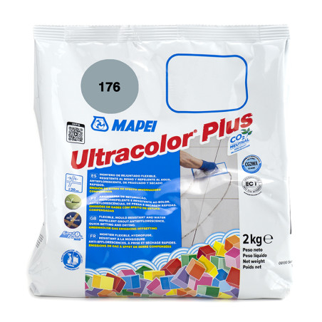 Het pakket bevat `Mapei Ultracolor Plus`-cement met kleurrijke vierkante afbeeldingen, tekstdetails en een illustratie van een t
