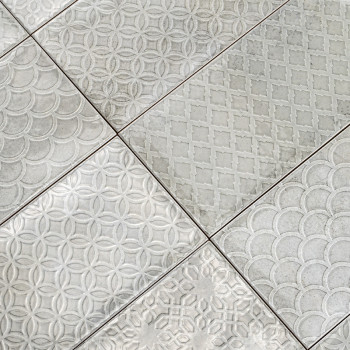 Le motif de carreaux comporte six rectangles, chacun estampé de motifs géométriques tels que des cercles et des losanges, créant