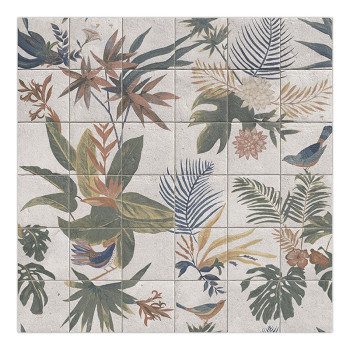 Un azulejo decorativo muestra una flor estilizada de color naranja y amarillo con pétalos puntiagudos que se superponen a exuber