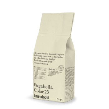Een beige papieren zak met het opschrift `Fugabella Color 23` bevat decoratief harscement. De tekst luidt: `Resina-cement decora