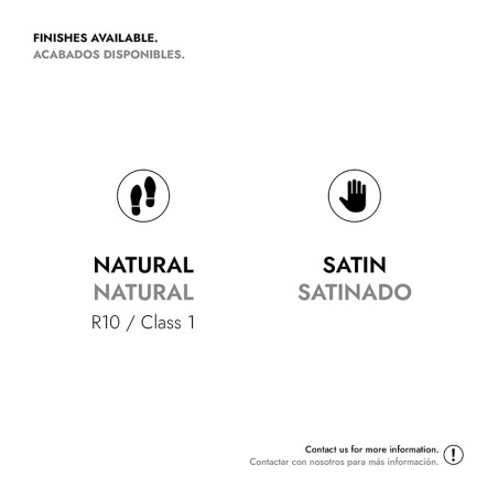Zu den verfügbaren Ausführungen gehören „Natural“ mit Fußsymbol, R10/Klasse 1 und „Satin“ mit Handsymbol. Kontaktdaten für weite