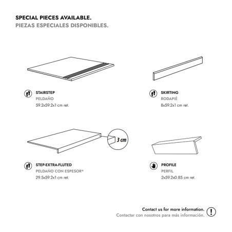 De afbeelding toont diagrammen van vier tegelstukken: Traptrede (59,2x59,2x1 cm), Plint (8x59,2x1 cm), Step-Extra-Gecanneleerd (