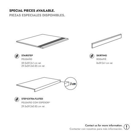 Se exponen piezas de azulejos especiales: un escalón de escalera (59,2x9,2x1 cm), un escalón extracanalado (3 cm de espesor) y u