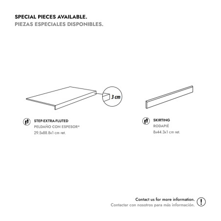 Das Diagramm zeigt zwei Fliesentypen: „Step-Extra-Riffeled“ mit den Maßen 29,5 x 88,8 x 1 cm und „Skirting“ mit den Maßen 8 x 44