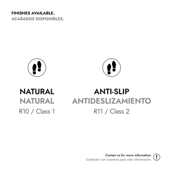 Le texte décrit les finitions des carreaux : « Naturel » (R10/Classe 1) et « Antidérapant » (R11/Classe 2), avec des icônes de p