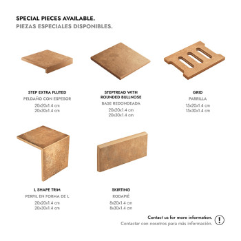 A imagem exibe vários designs de ladrilhos rotulados: `STEP EXTRA FLUTED,` `STEP TREAD COM BULLNOSE ARREDONDADO,` `GRID,` `L SHA