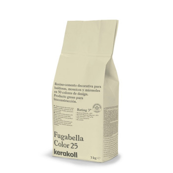 Een beige zak met het opschrift `Fugabella Color 25 kerakoll` met daarin decoratief harscement voor tegels, mozaïeken en marmer.