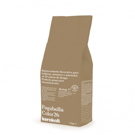 Um saco marrom rotulado "Fugabella Color26" fica em pé sobre um fundo branco. cimento-resínico para telhas, produto ecologicamen