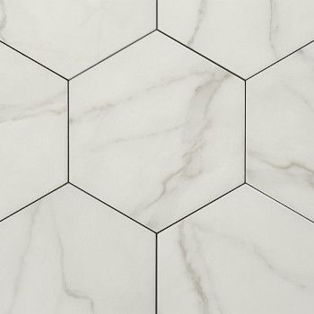 Les carreaux hexagonaux présentent un motif semblable à du marbre avec de subtiles veines grises, créant une apparence sophistiq