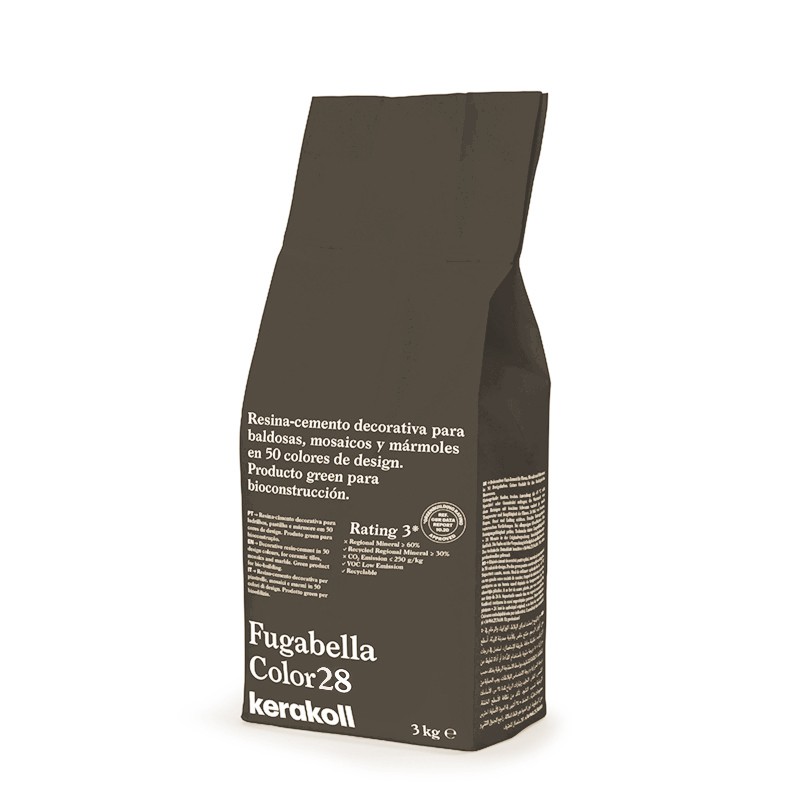 Een bruine zak met het opschrift `Fugabella Color 28` van Kerakoll bevat decoratief harscement voor tegels en mozaïeken. 3 kg ge