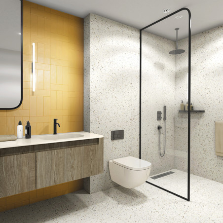 Een moderne badkamer is voorzien van een houten wastafel met een strakke kraan, een glazen douchecabine en een zwevend toilet te