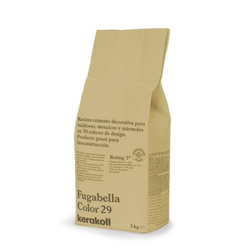 Uma sacola bege com a etiqueta `Fugabella Color 29` exibe informações sobre cimento resinoso para telhas. Marca: Kerakoll, 3 kg.