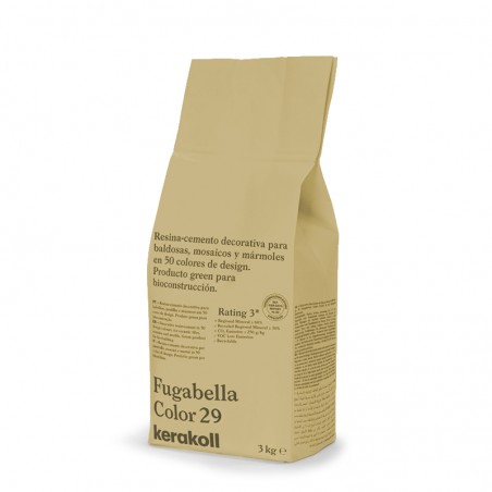 Uma sacola bege com a etiqueta `Fugabella Color 29` exibe informações sobre cimento resinoso para telhas. Marca: Kerakoll, 3 kg.