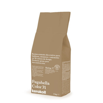 Bolsa exibe embalagem decorativa de cimento-resina, em pé. Texto: `Fugabella Color 31,` `kerakoll,` `3 kg,` indicando detalhes d