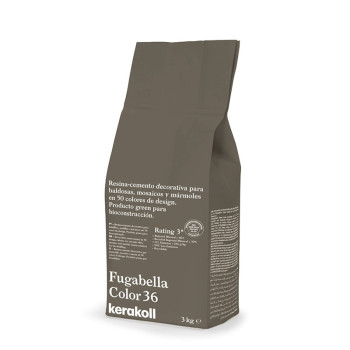 Um saco marrom com a etiqueta `Fugabella Color 36` da Kerakoll contém cimento-resina decorativo, ideal para azulejos, mosaicos, 