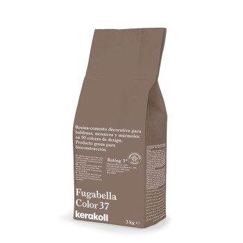 Ein brauner Beutel mit der Aufschrift „Fugabella Color 37“ von Kerakoll enthält Harzzement für dekorative Fliesen. Enthält umwel
