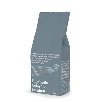 Een blauwgroene, rechtopstaande zak met het opschrift `Fugabella Color 14 kerakoll` bevat decoratief harscement voor tegels, moz