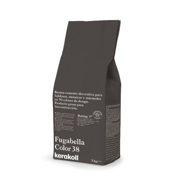 Um saco escuro com a etiqueta `Fugabella Color 38 kerakoll` contém cimento-resina decorativo para azulejos, mosaicos e mármore, 