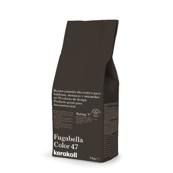 Zakje hars-cement staat rechtop en biedt decoratieve oppervlakteoplossingen. de tekst luidt: `Fugabella Color 47 kerakoll, 3 kg.