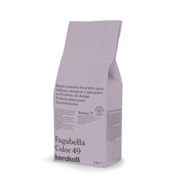 Zak met het opschrift `Fugabella Color 49` met decoratief harscement. De tekst luidt: `Resina-cement decorativa para Azulejos, m