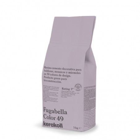 Zak met het opschrift `Fugabella Color 49` met decoratief harscement. De tekst luidt: `Resina-cement decorativa para Azulejos, m
