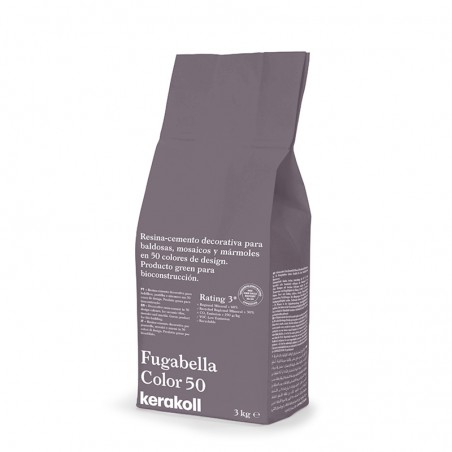 Een grijze zak met het opschrift `Fugabella Color 50 kerakoll, 3 kg` staat rechtop. Bevat decoratief harscement voor tegels.