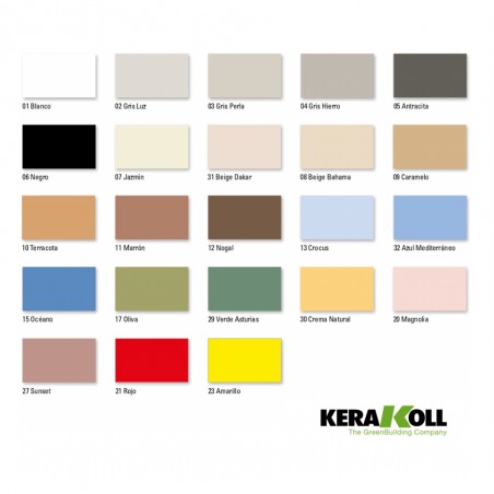 Paleta de cores com 24 amostras de cimento resinoso rotuladas e exibidas em grade. Logotipo `KERAKOLL The GreenBuilding Company`
