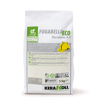 Zak met het label `Fugabella Eco Porcelana 0-5` met informatie over milieuvriendelijke voegen, waarschuwingen en certificeringen