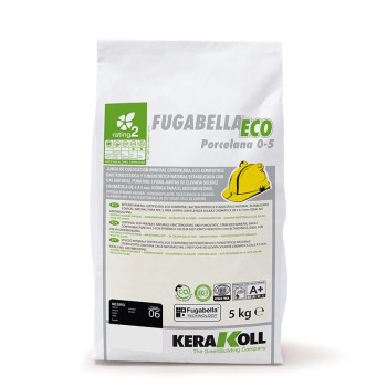 Tas met het opschrift `Fugabella ECO Porcelana 0-5`, met milieuvriendelijke symbolen, bouwhelmpictogram, Kerakoll-merk, 5 kg, gr