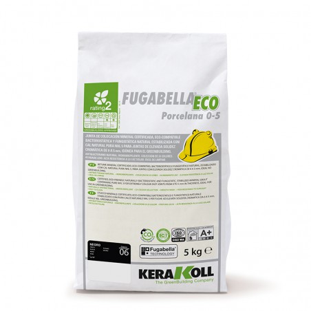 Tas met het opschrift `Fugabella ECO Porcelana 0-5`, met milieuvriendelijke symbolen, bouwhelmpictogram, Kerakoll-merk, 5 kg, gr