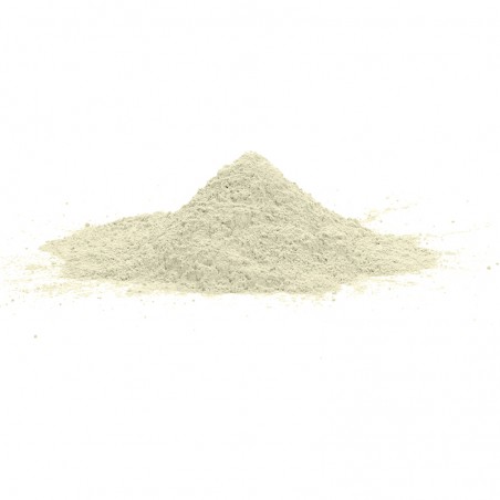 Un petit tas de poudre gris clair repose sur une surface unie et blanche, suggérant un matériau de construction ou d'artisanat.