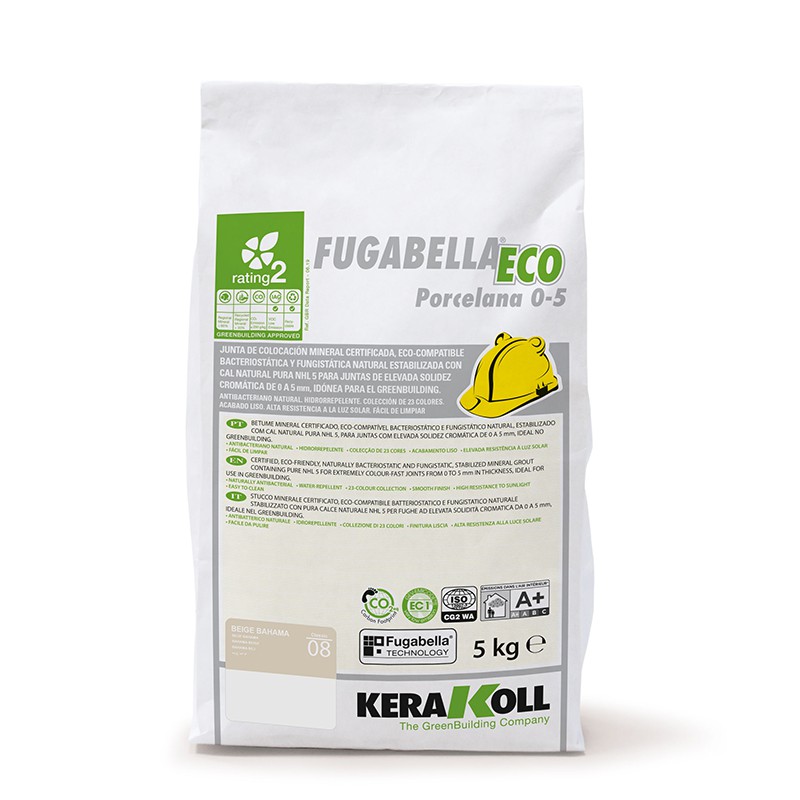Witte tas met de tekst `FUGABELLA ECO Porcelana 0-5`, inclusief pictogrammen en groene afbeeldingen, bevat cement van Kerakoll.