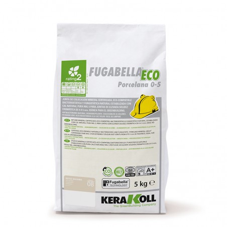 Witte tas met de tekst `FUGABELLA ECO Porcelana 0-5`, inclusief pictogrammen en groene afbeeldingen, bevat cement van Kerakoll.